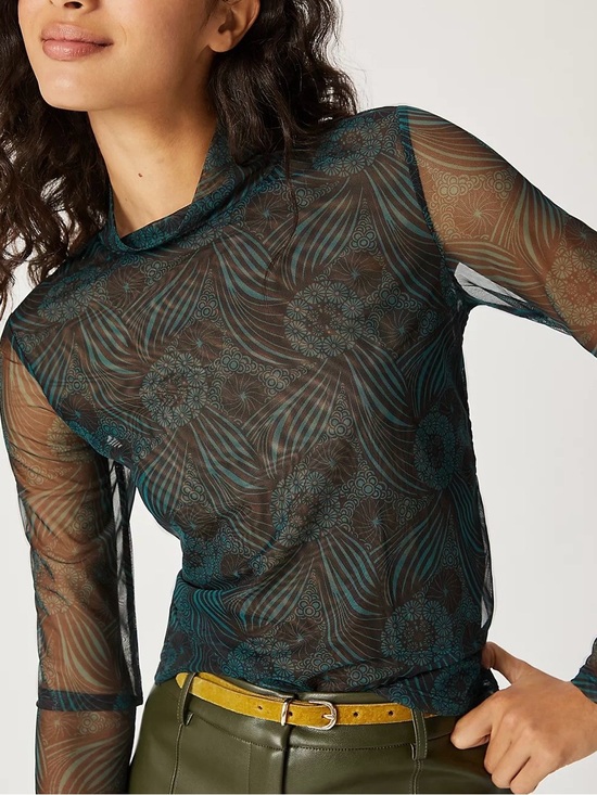 Anthropologie Tops - Anthropologie Teal and Black Sheer Printed Long Sleeve Top